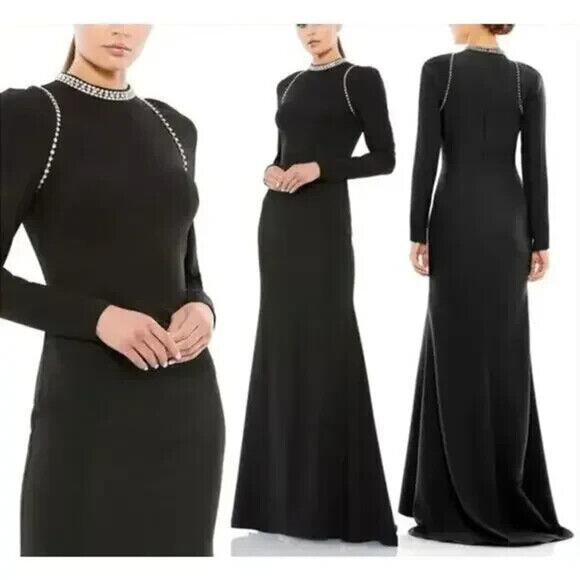 Mac‎ Duggal Raglan Long Sleeve Embellished High Neck Gown Black Sz 8 NWT $398 - Picture 1 of 7